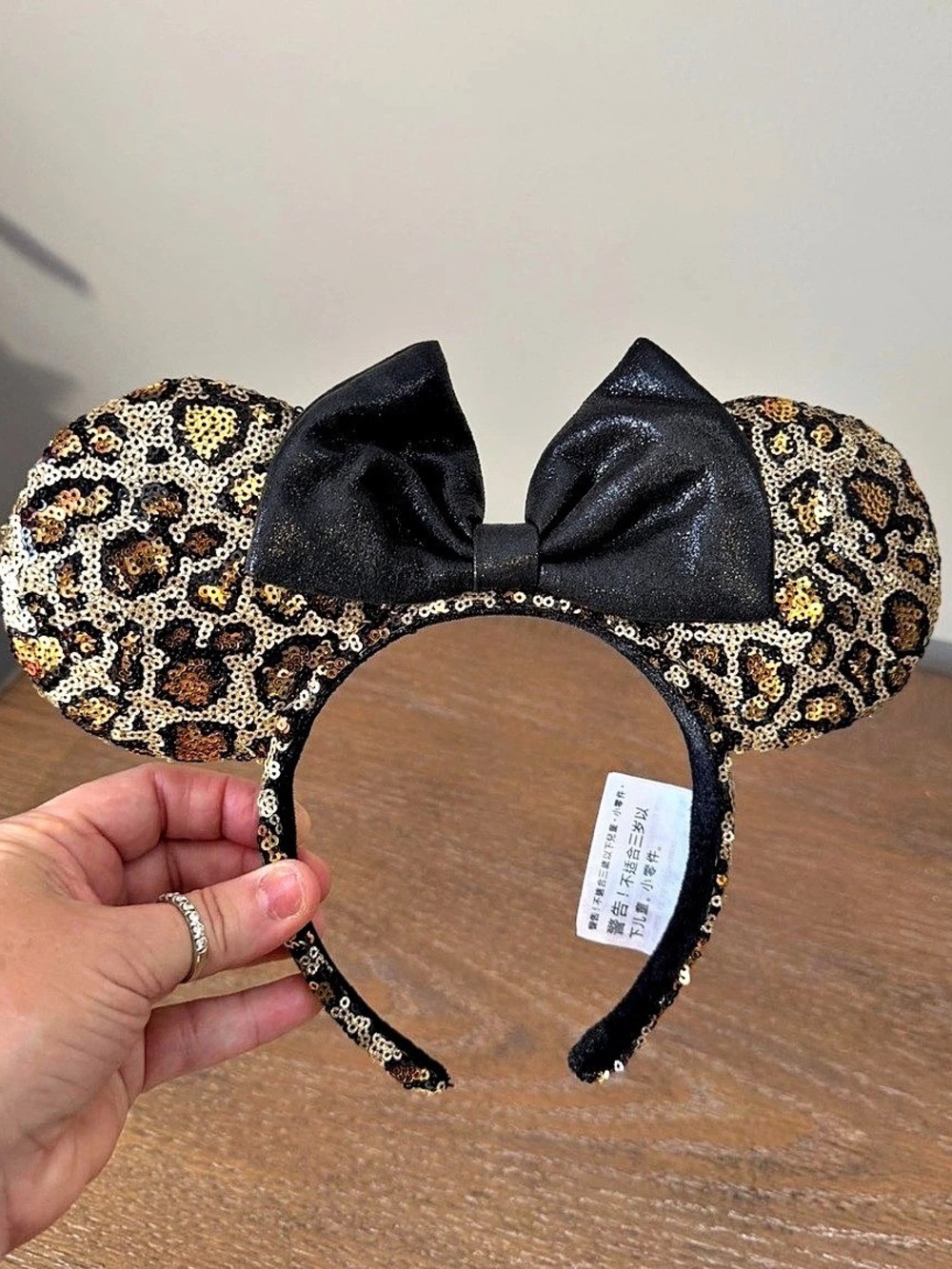 Disney Parks Minnie Mouse Ears Headband Sequin Leopard Black Bow Sequin Band